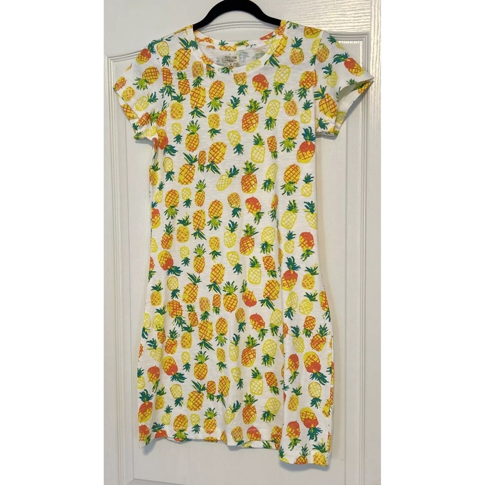 Capelton Road Pineapple T-Shirt Dress Womens Small White Short Sleeve Cotton NEW